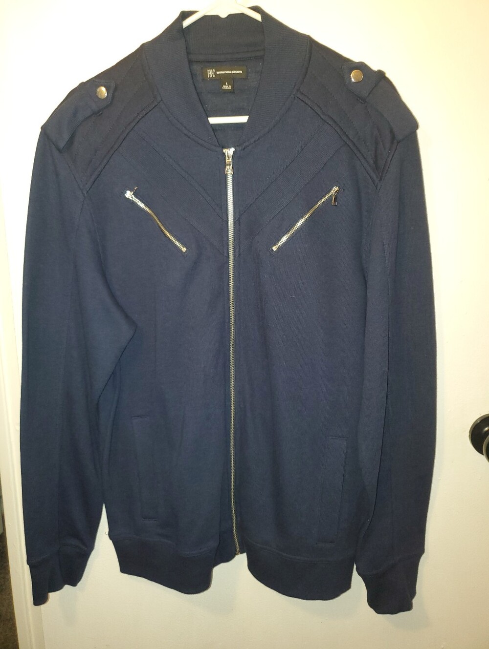 INC International Concepts Men's Large Navy Full-Zip Sweater with Epaulets